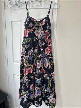 Band of Gypsie Floral Fairy Garden Spaghetti Strap Corset Black Midi Tier Dress
